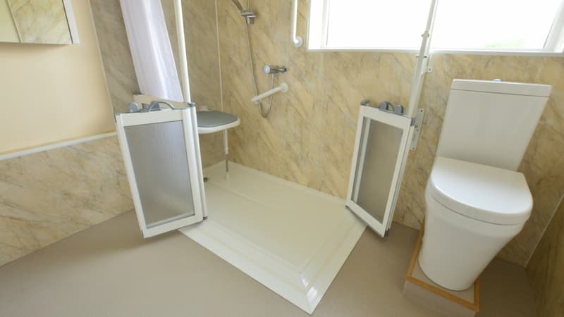 Walk in shower with seat and handrails, with raised toilet