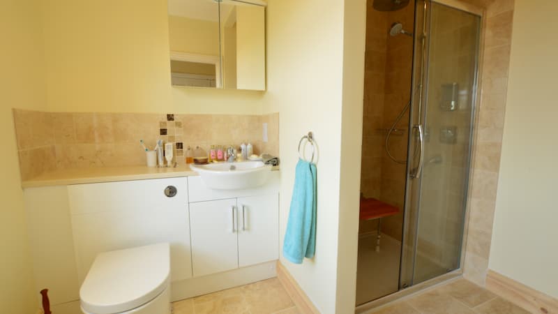 cream bathroom with walk in shower, seat, toilet and sink