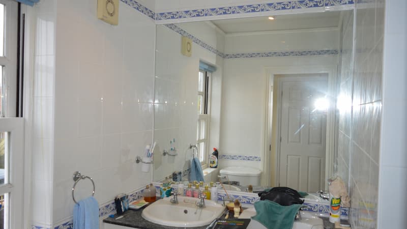 white and blue bathroom with large mirror, toilet and sink
