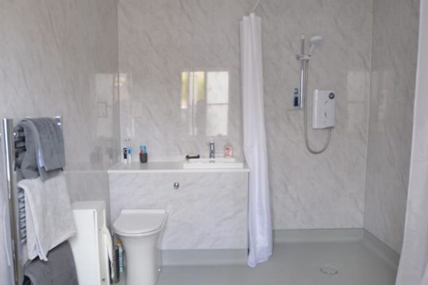 White and grey wet room with shower toilet shower curtains and sink